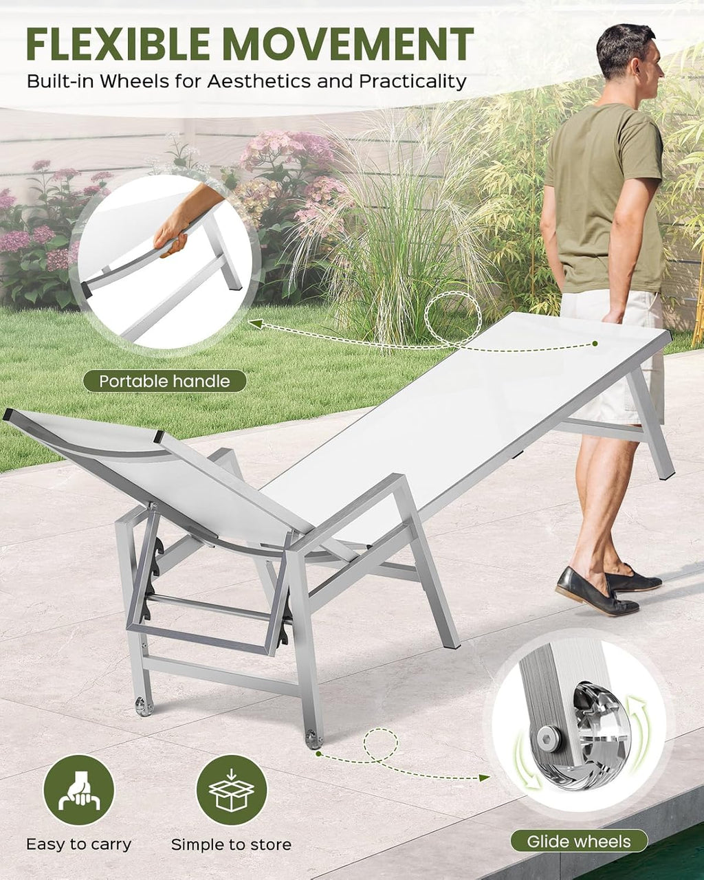 Aluminum Wheeled Adjustable Pool Patio Lounge Recliner Chair