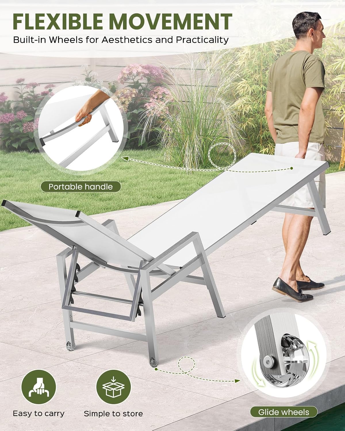 Aluminum Wheeled Adjustable Pool Patio Lounge Recliner Chair