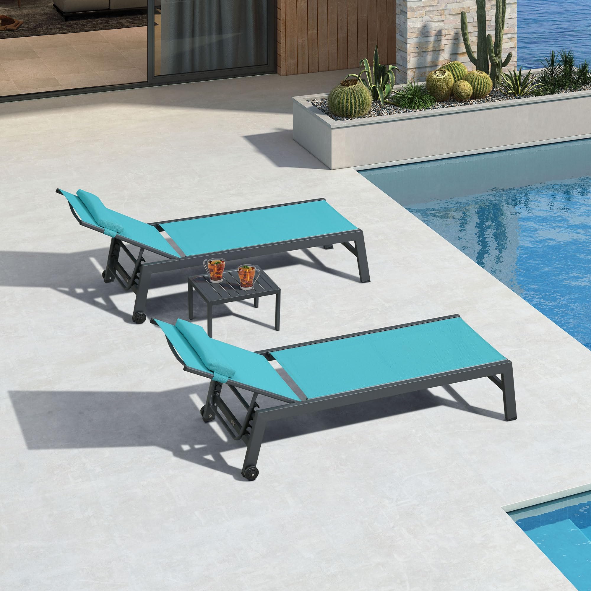 Aluminum Wheeled Patio Lounge Chair Set With Table Pillows