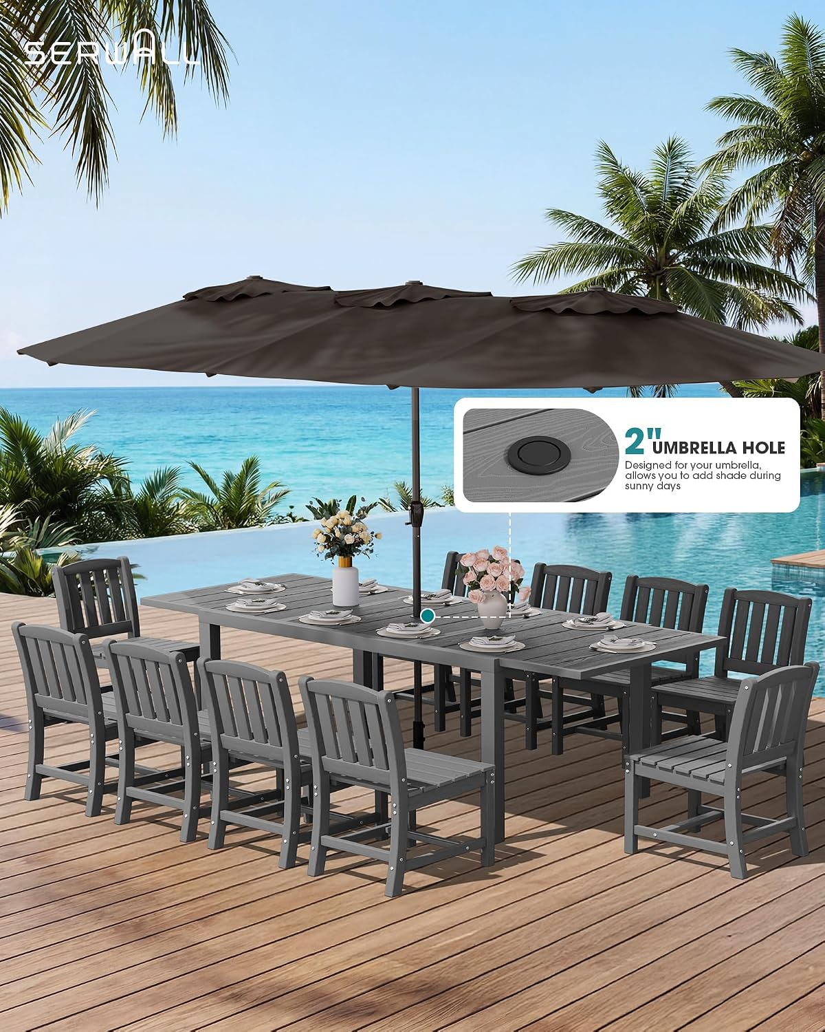 10pc Expandable Table Grey HDPE Eight Chairs Umbrella