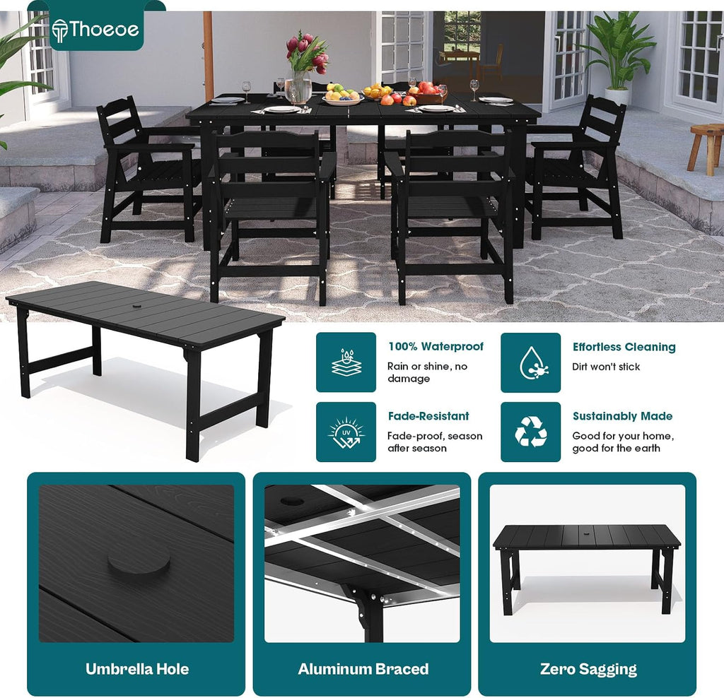 7pc Aluminum Dining Set Black HDPE Umbrella Hole