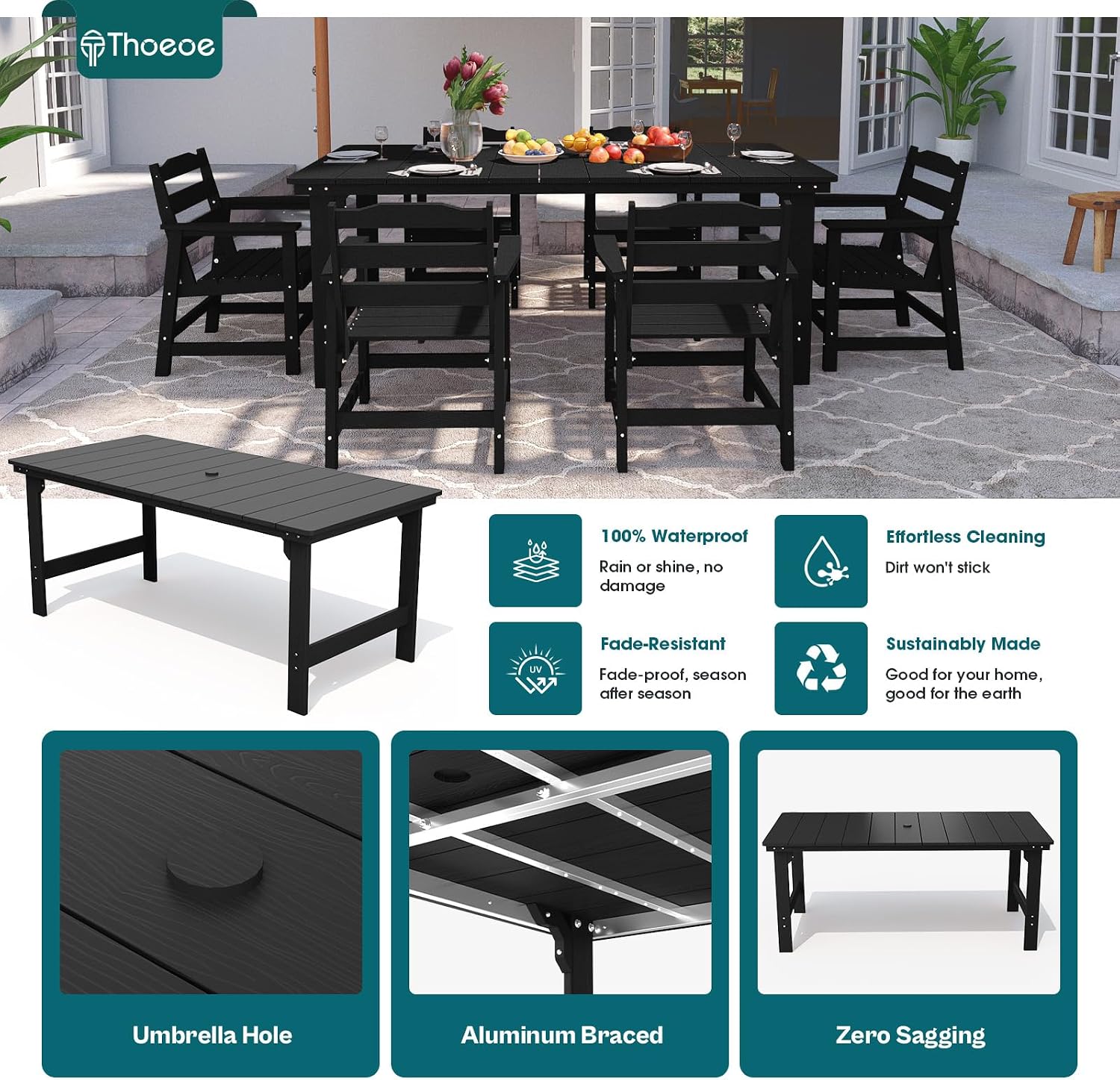 7pc Aluminum Dining Set Black HDPE Umbrella Hole