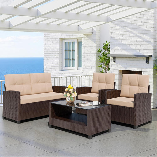 4pc Wicker Sectional Brown Khaki Cushion Table