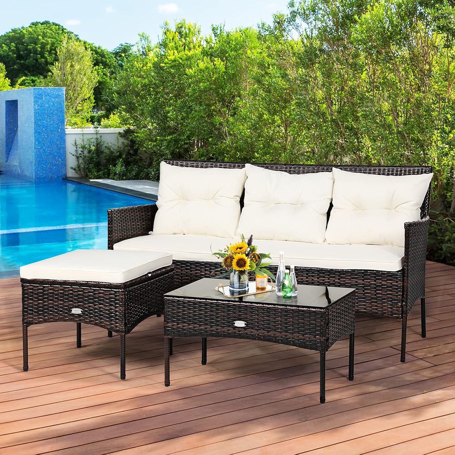 3 Piece PE Rattan Set Cushions Tempered Glass Table