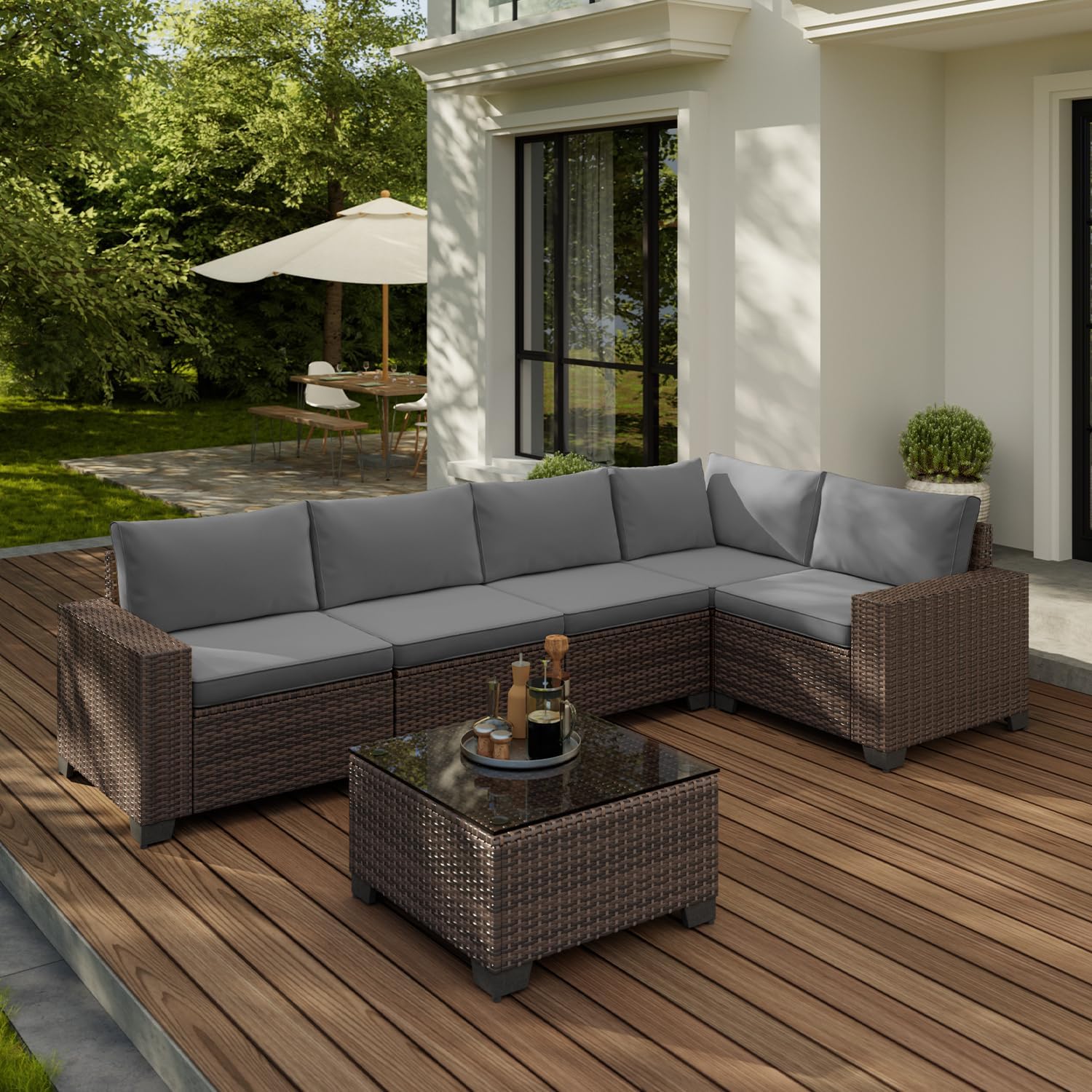 6pc PE Wicker Patio Set Thick Cushions Grey