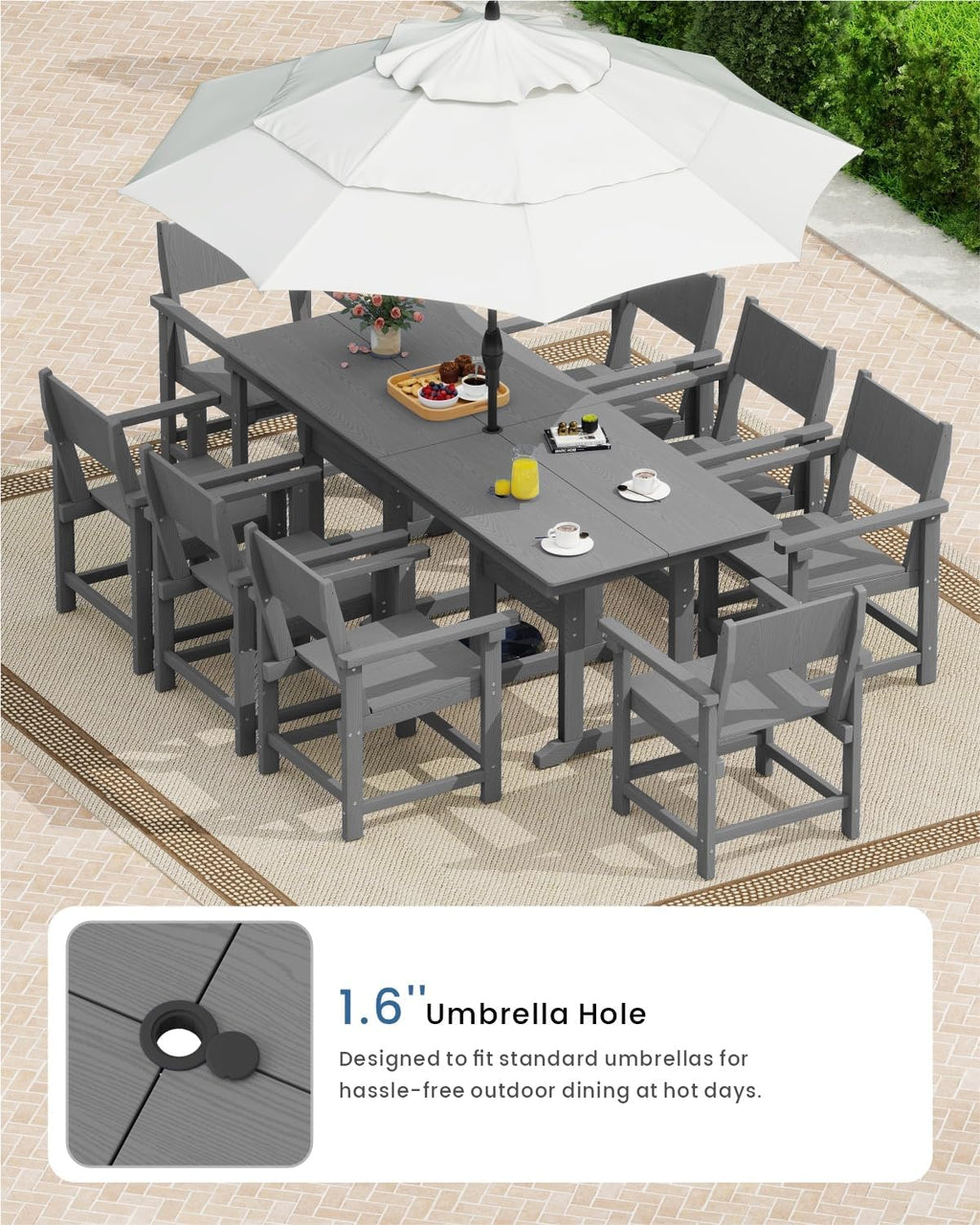 9pc Grey HDPE Table Six Armchairs Umbrella Hole