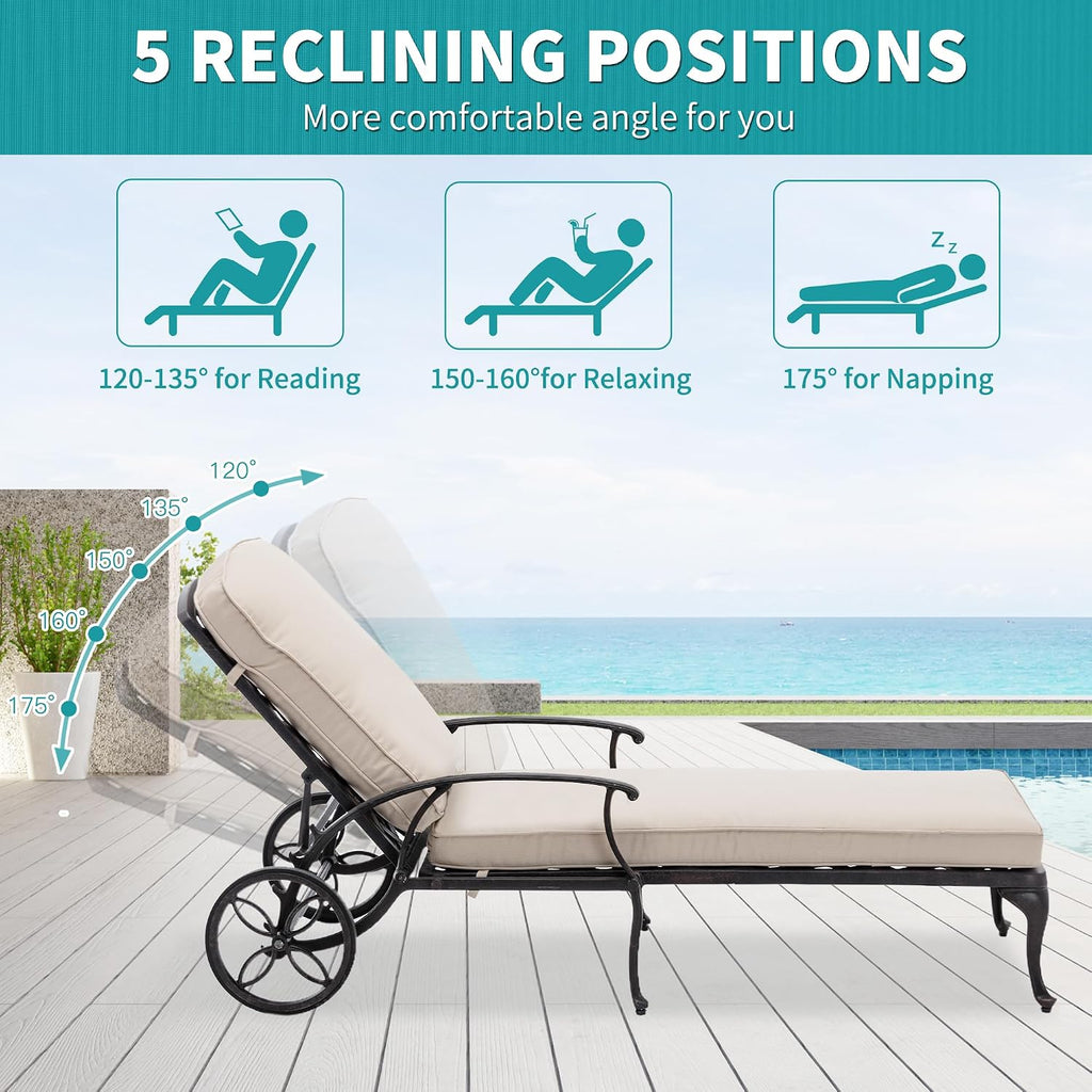 Cast Aluminum Wheeled Cushioned Pool Lounge Chair 2 Pack
