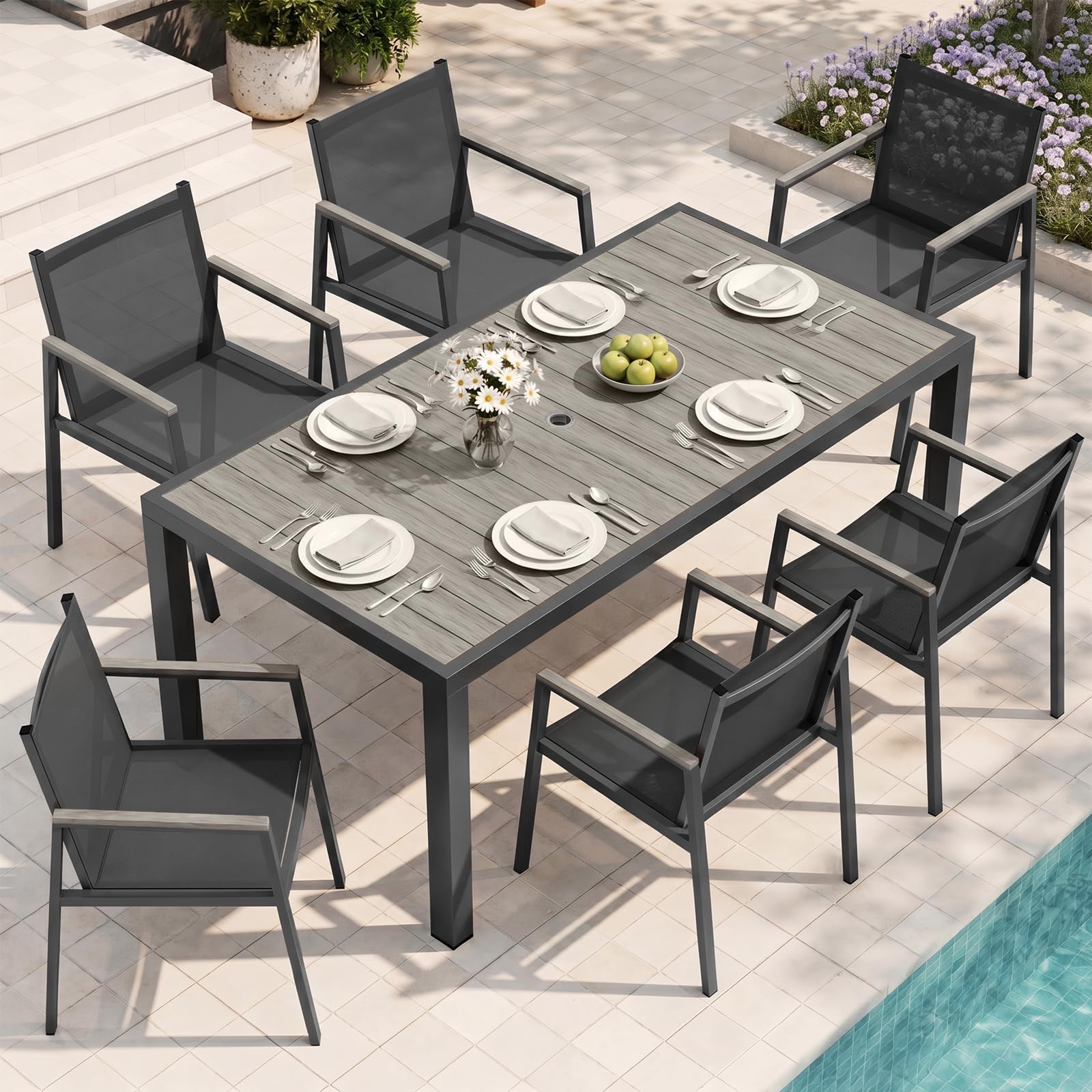 7pc Aluminum Gray-Teak Dining Set Umbrella Hole Chairs