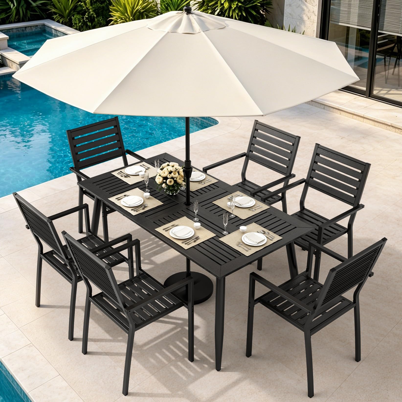 7pc HDPE Dining Set Stackable Iron Frame Chairs