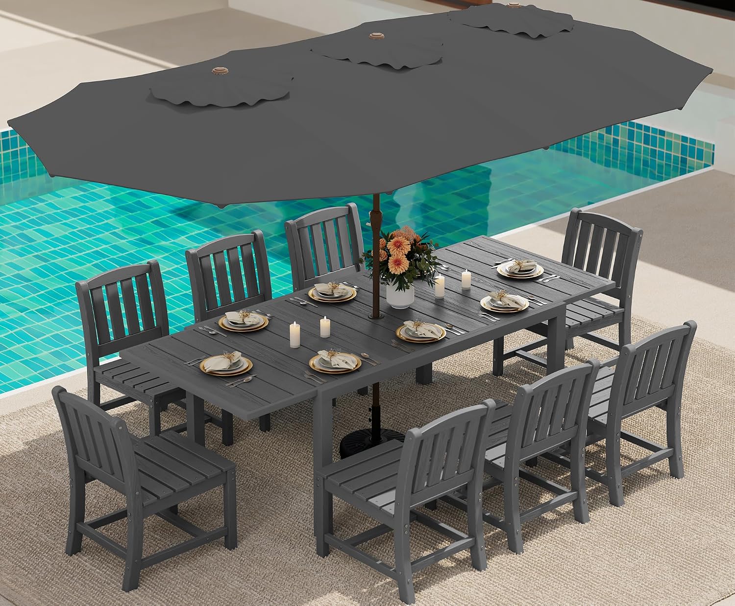10pc Expandable Table Grey HDPE Eight Chairs Umbrella