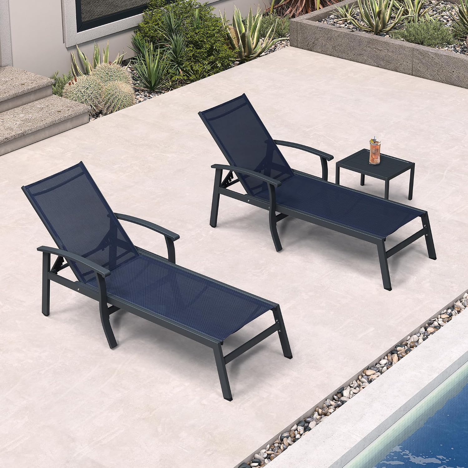 Two Aluminum Lounges with Side Table Armrests