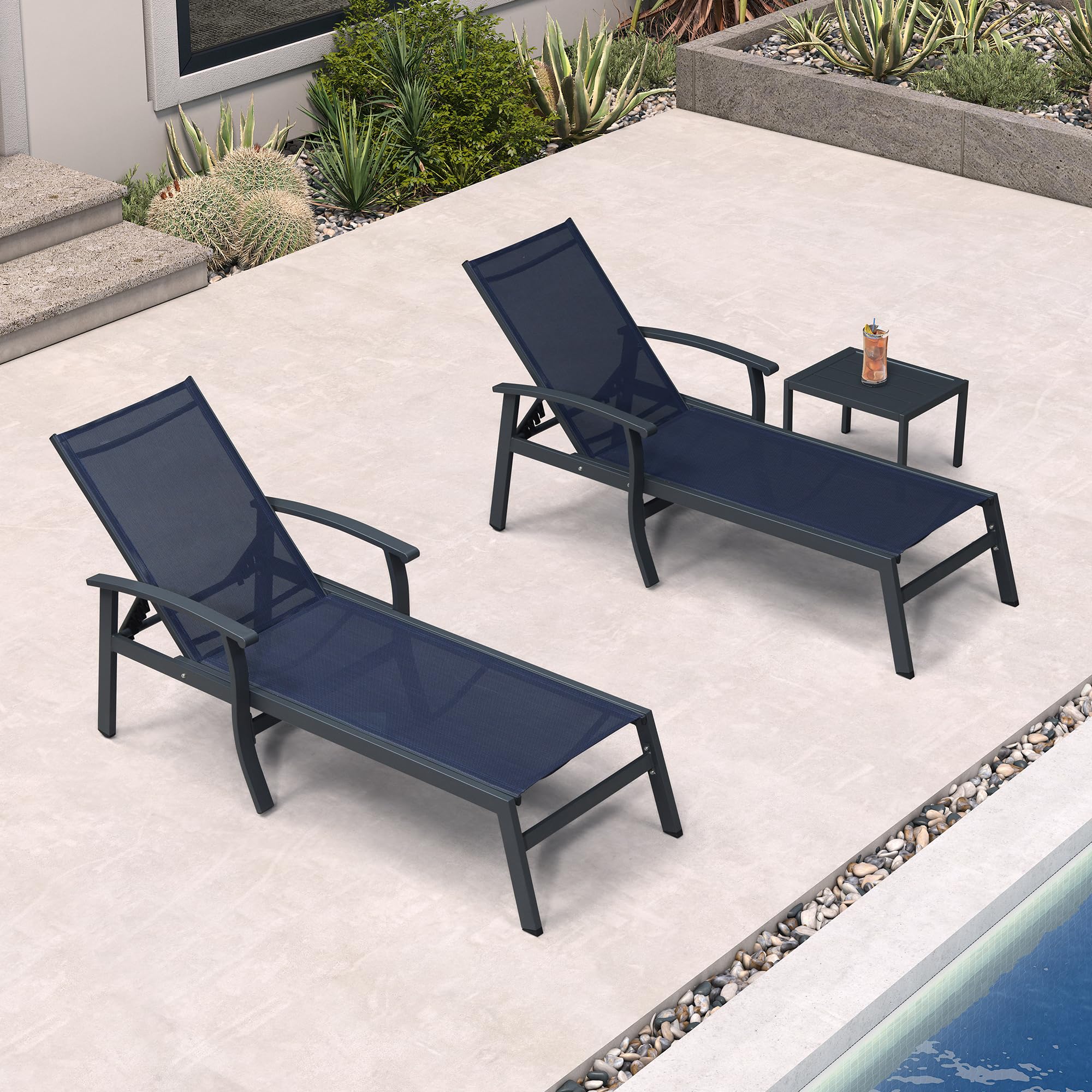 Two Aluminum Lounges with Side Table Armrests