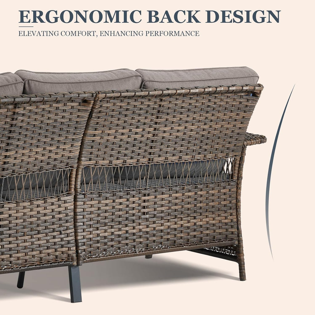 3pc Wicker Sofa Set Rattan Ottomans Grey Cushions