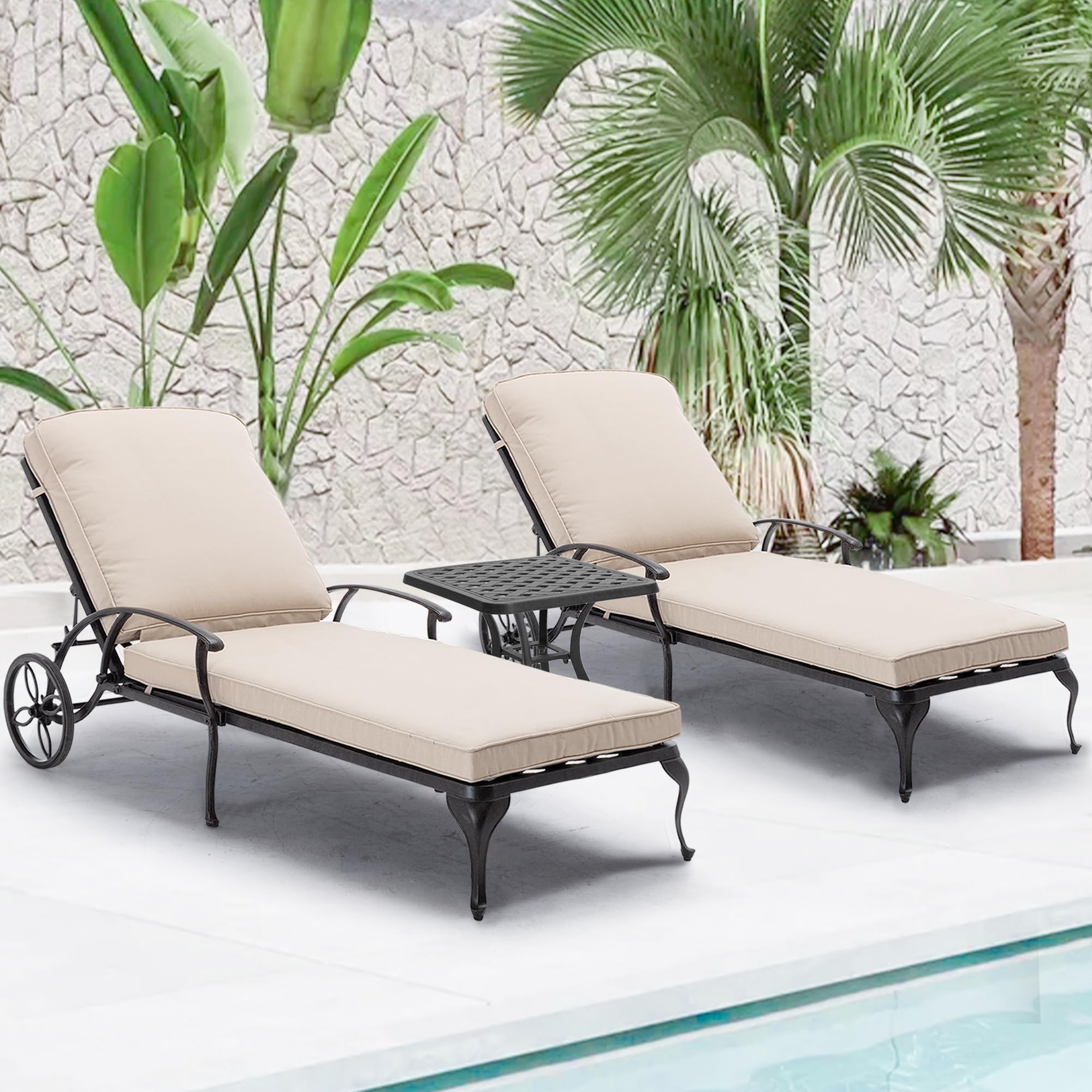 Cast Aluminum Wheeled Cushioned Pool Lounge Chair 2 Pack