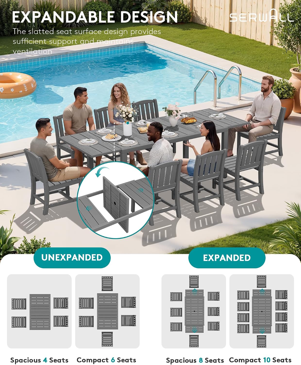 10pc Expandable Table Grey HDPE Eight Chairs Umbrella