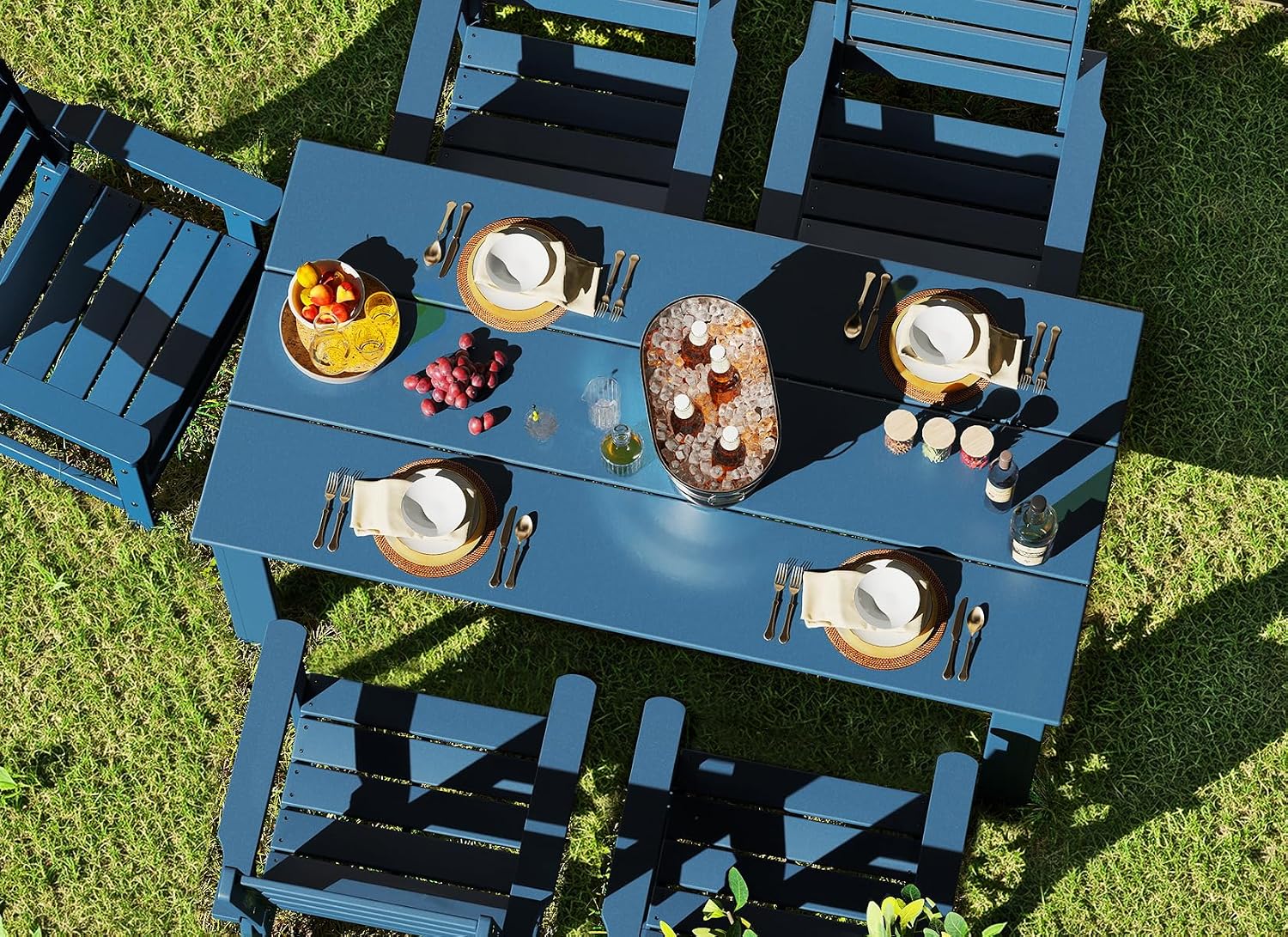7pc HDPE Blue Dining Set Six Chairs Umbrella Hole