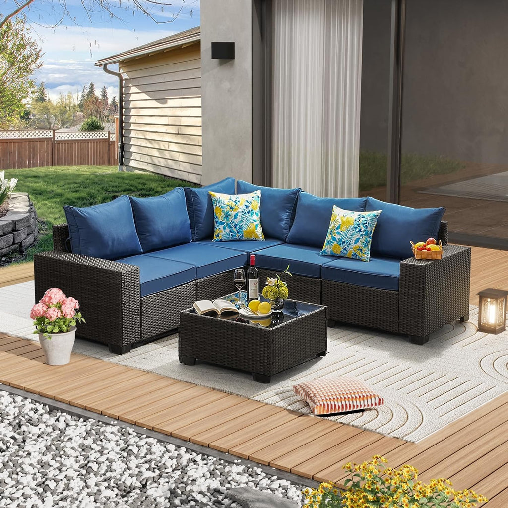 6pc Wicker Sectional Navy Cushion Glass Table Set