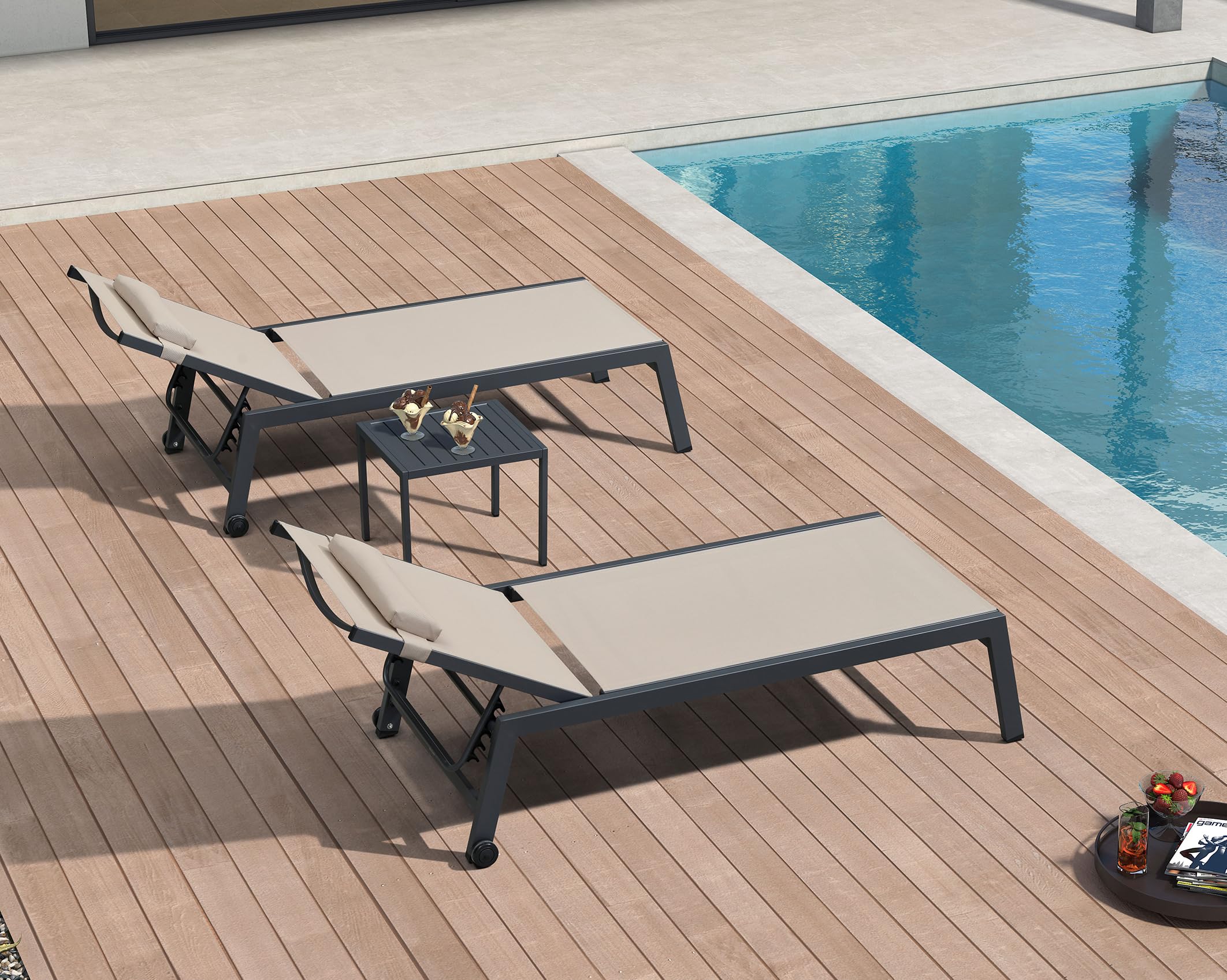 Aluminum Wheeled Patio Lounge Chair Set With Table Pillows