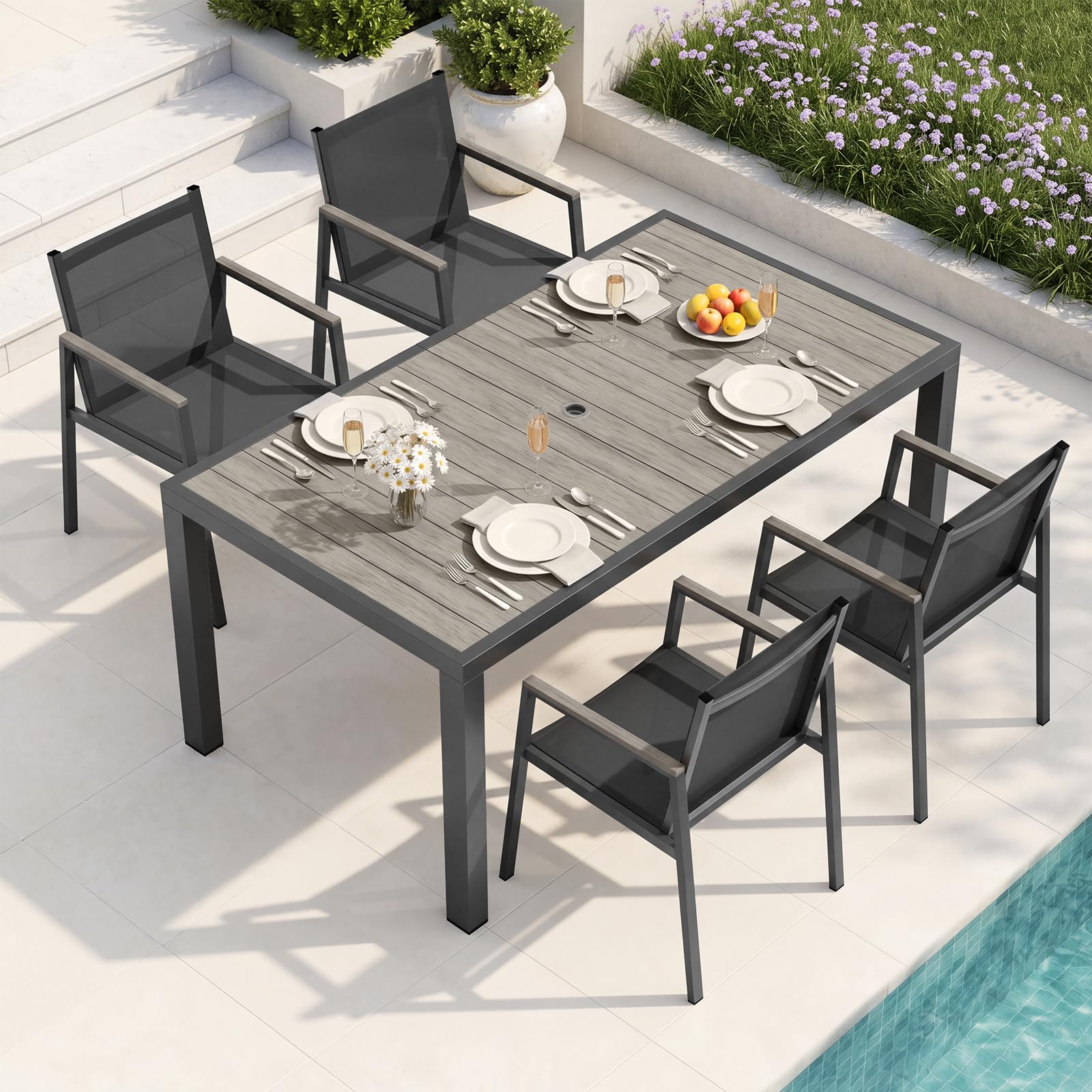 7pc Aluminum Gray-Teak Dining Set Umbrella Hole Chairs