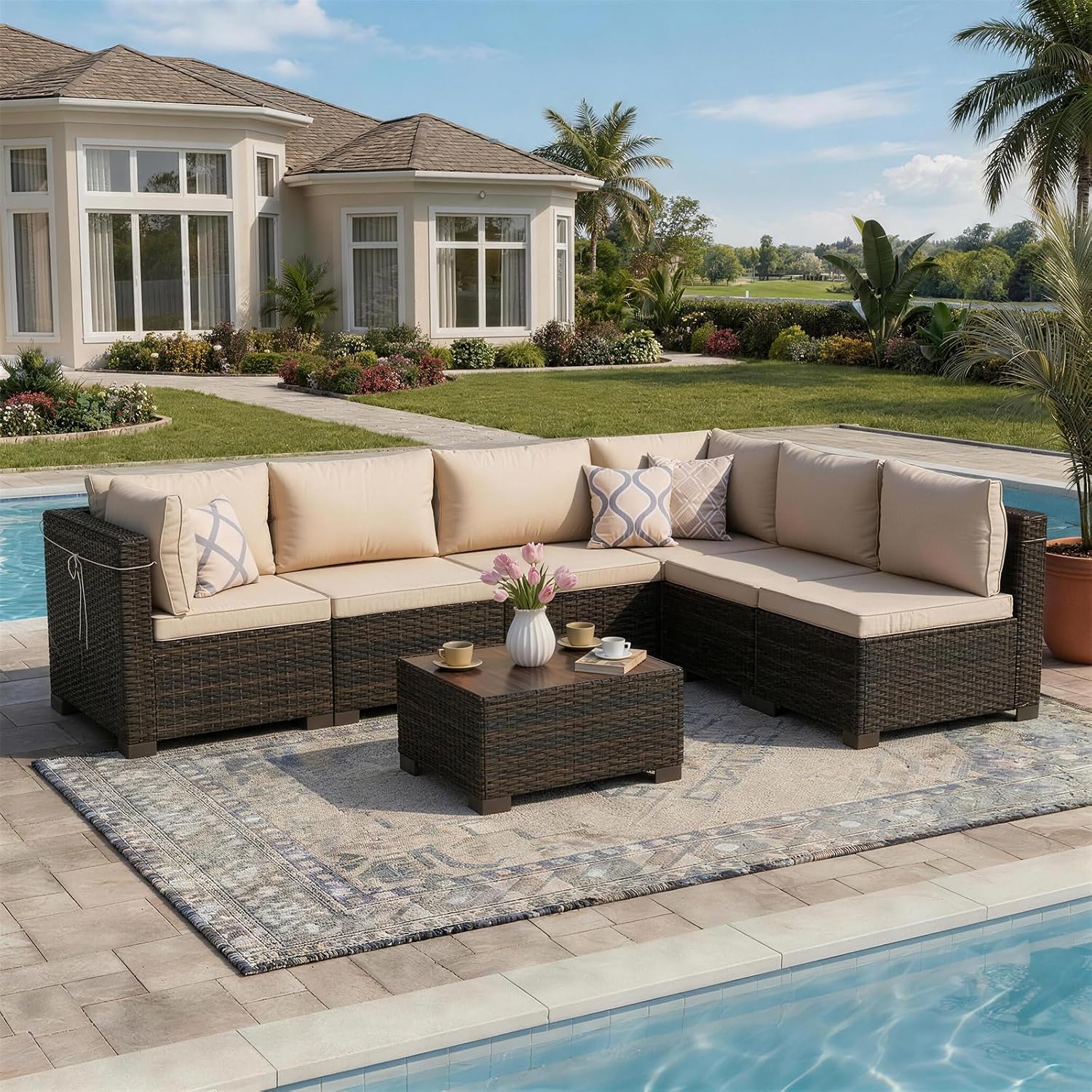 7pc Handwoven Rattan Sectional Patio Tea Table Set