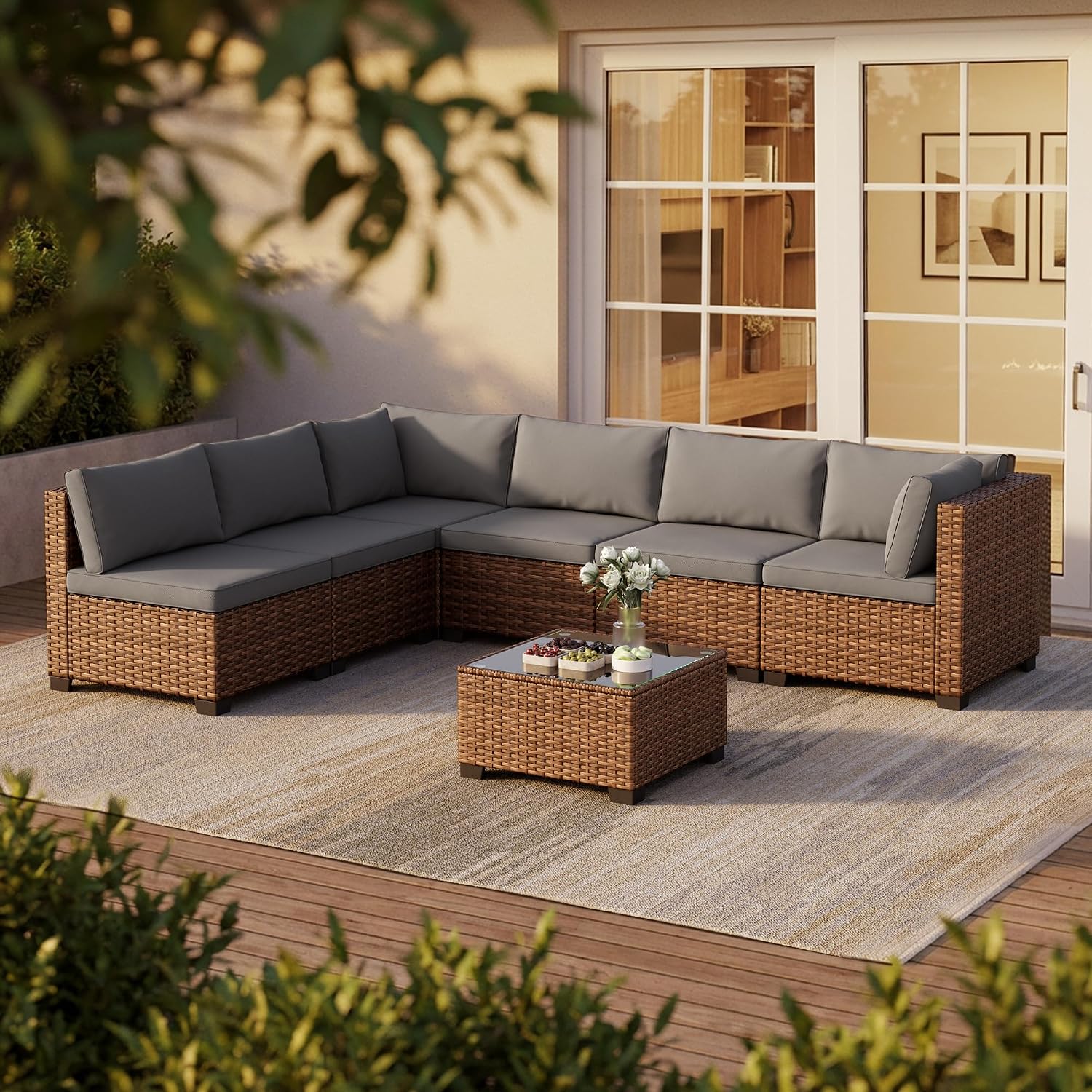 7pc Rattan Sectional Grey Cushion Glass Table Set