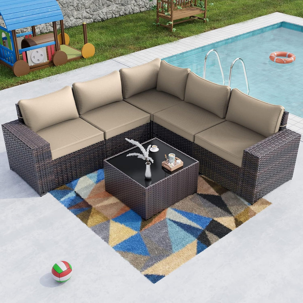 6pc PE Wicker Sectional Khaki Patio Conversation Set