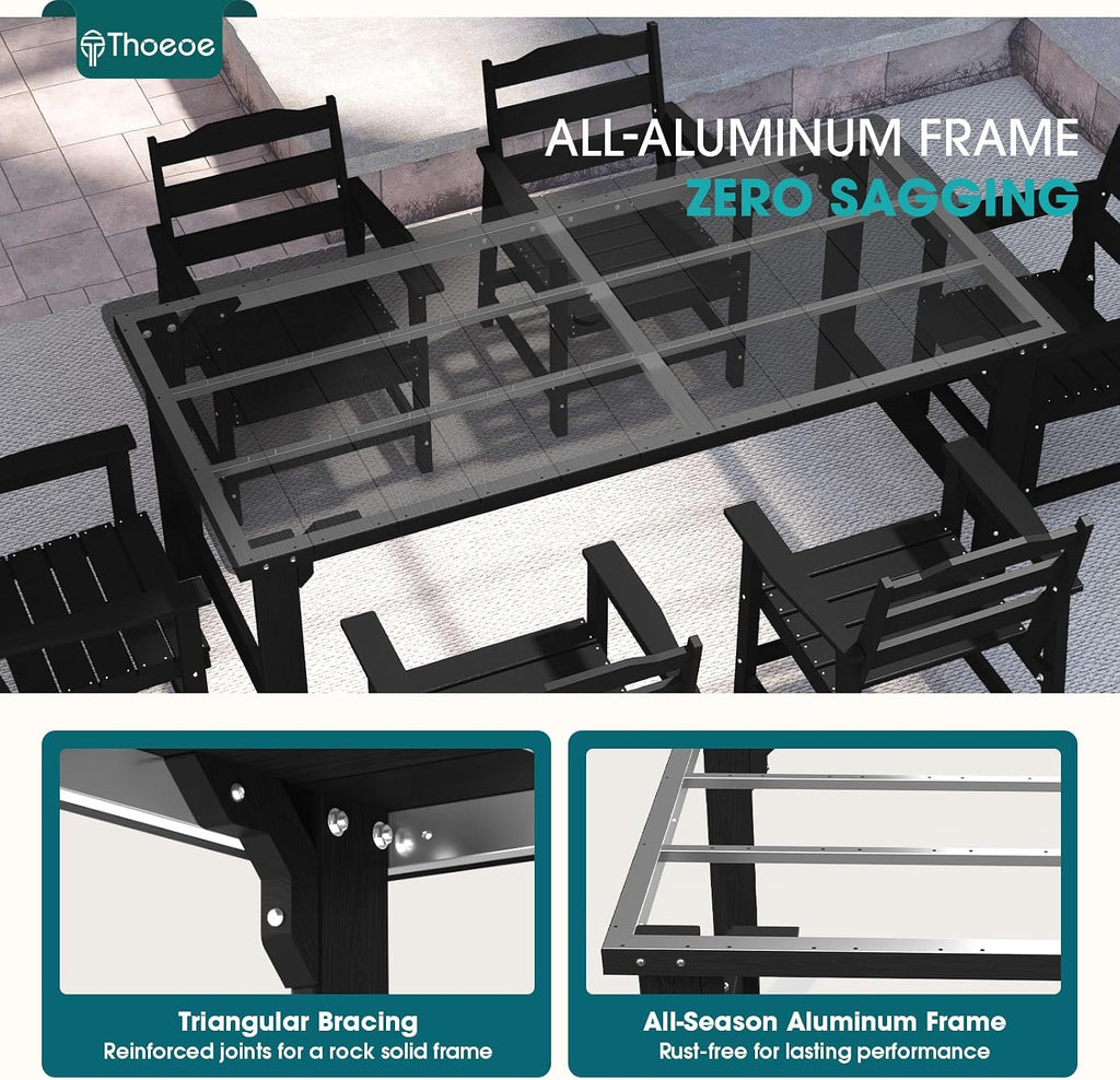 7pc Aluminum Dining Set Black HDPE Umbrella Hole