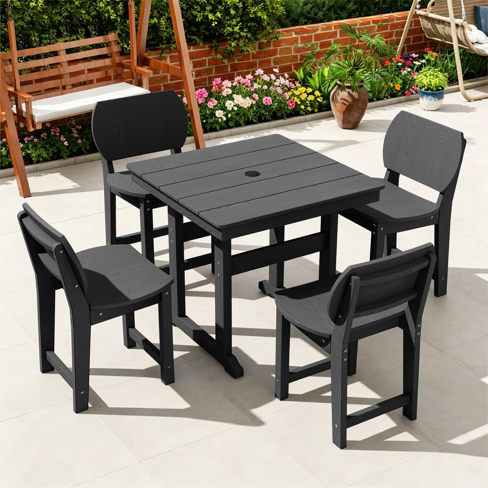 9pc Grey HDPE Table Six Armchairs Umbrella Hole