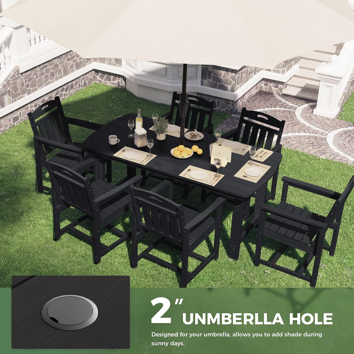 7pc Black HDPE Dining Set Six Chairs Umbrella Hole