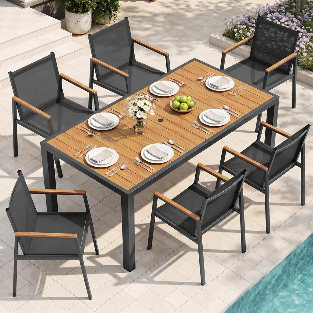 7pc Aluminum Gray-Teak Dining Set Umbrella Hole Chairs