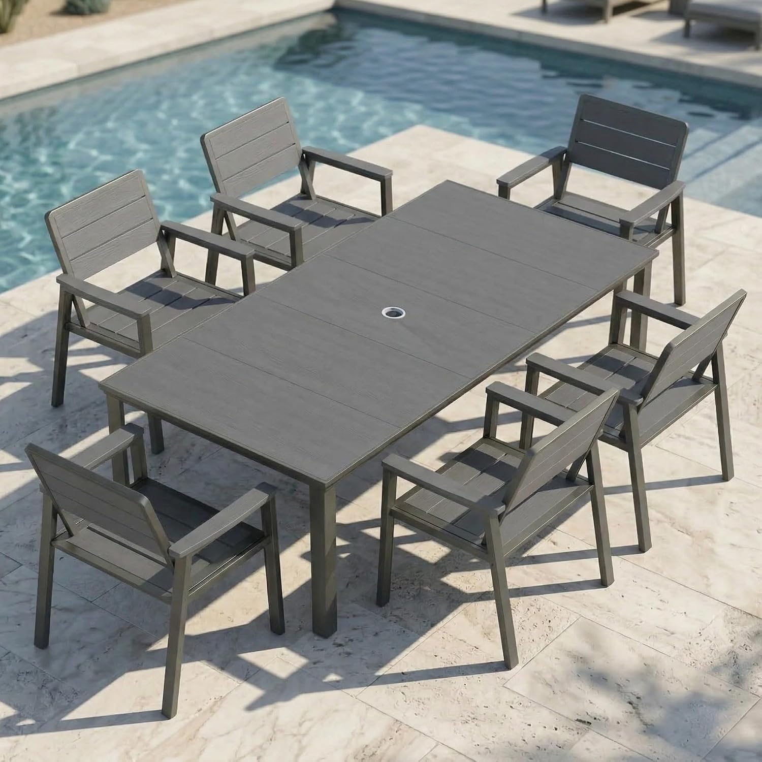 7pc HDPE Metal Dining Set Grey Umbrella Hole Chairs