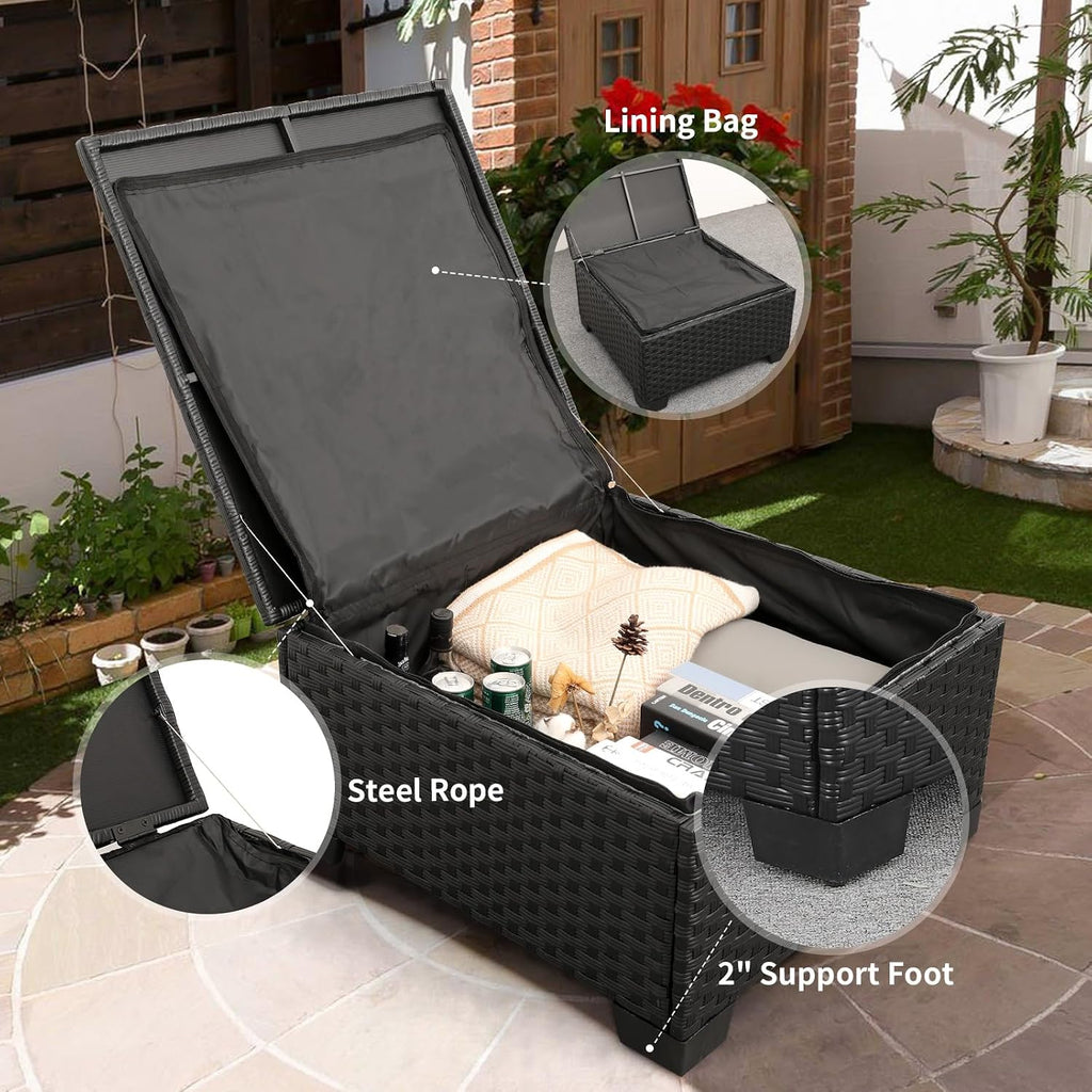 3pc Wicker Set Ottoman Storage Table Light Grey