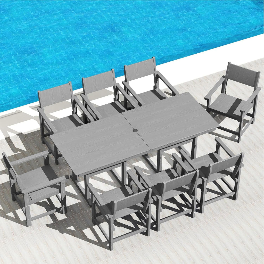 9pc Grey HDPE Table Six Armchairs Umbrella Hole