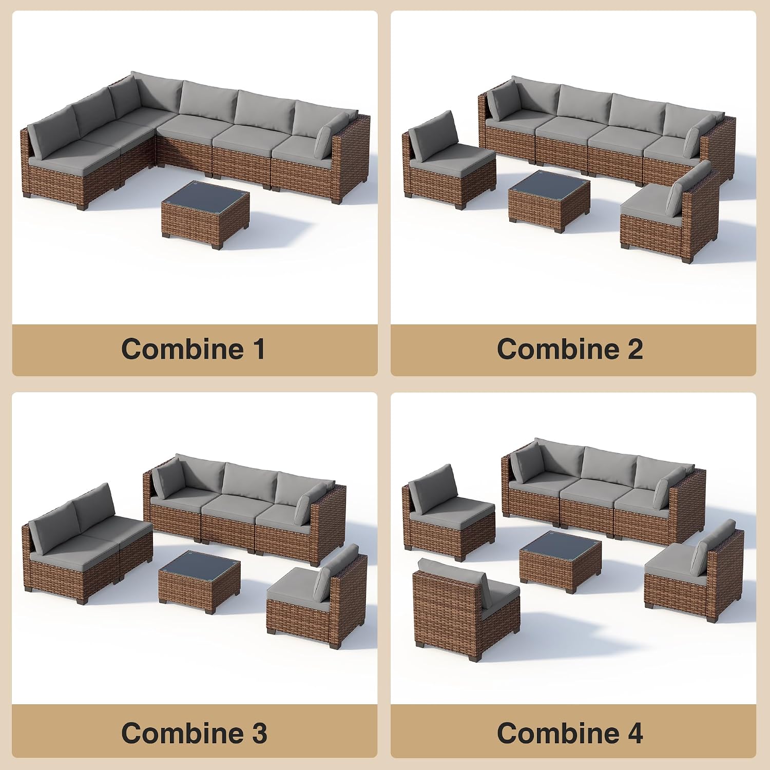 7pc Rattan Sectional Grey Cushion Glass Table Set