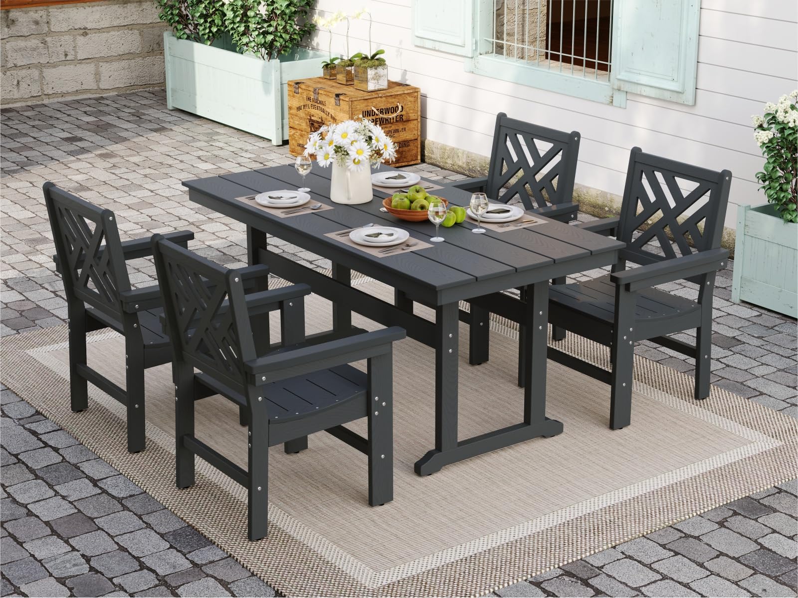 7pc Grey HDPE Dining Set Six Chairs Umbrella Hole