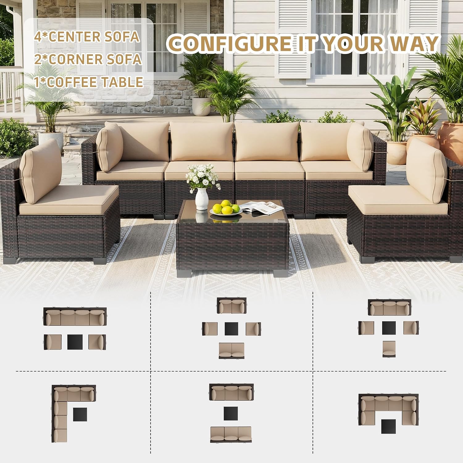 7pc Handwoven Wicker Sectional Patio Tea Table Set