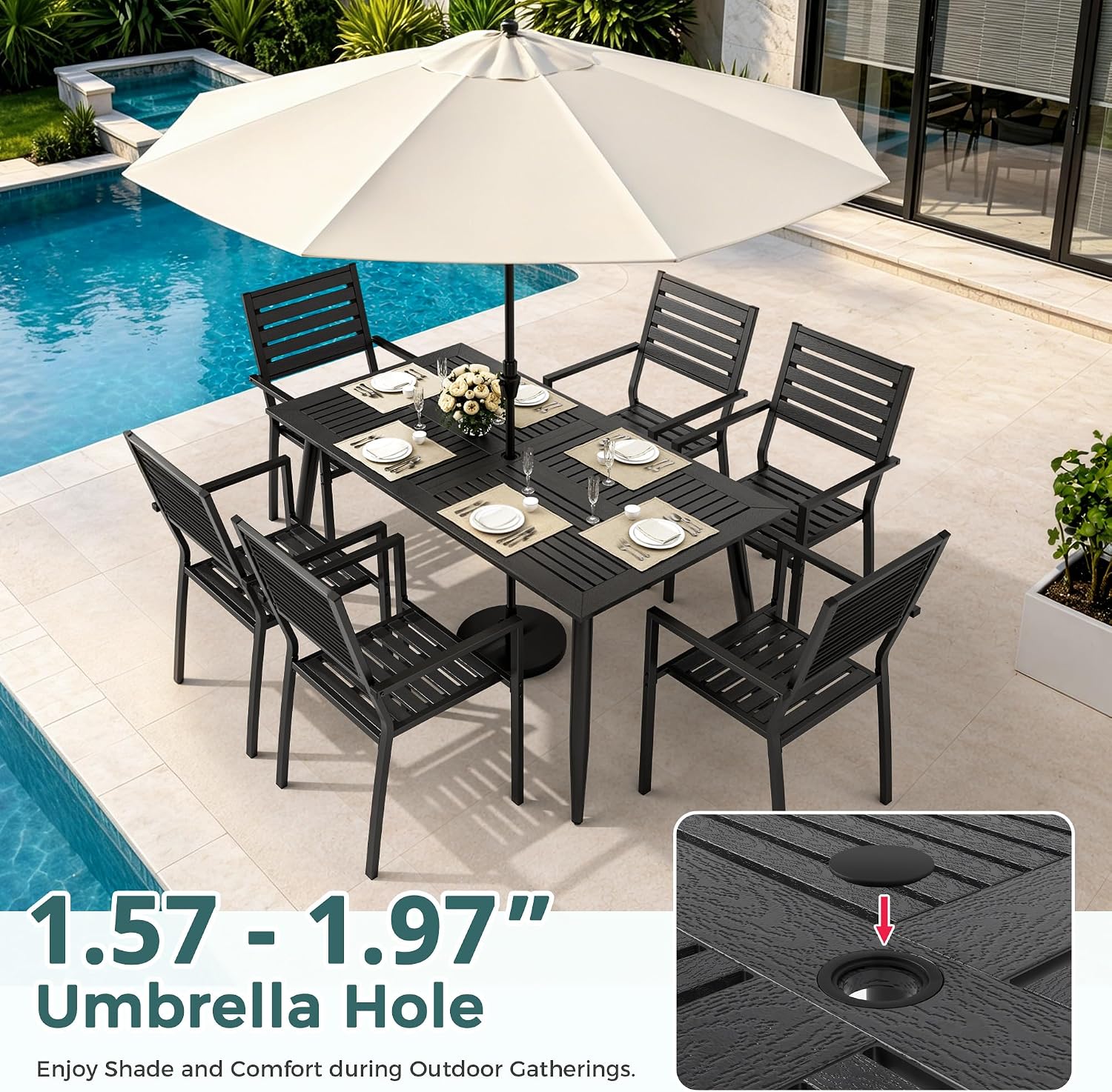 7pc HDPE Dining Set Stackable Iron Frame Chairs