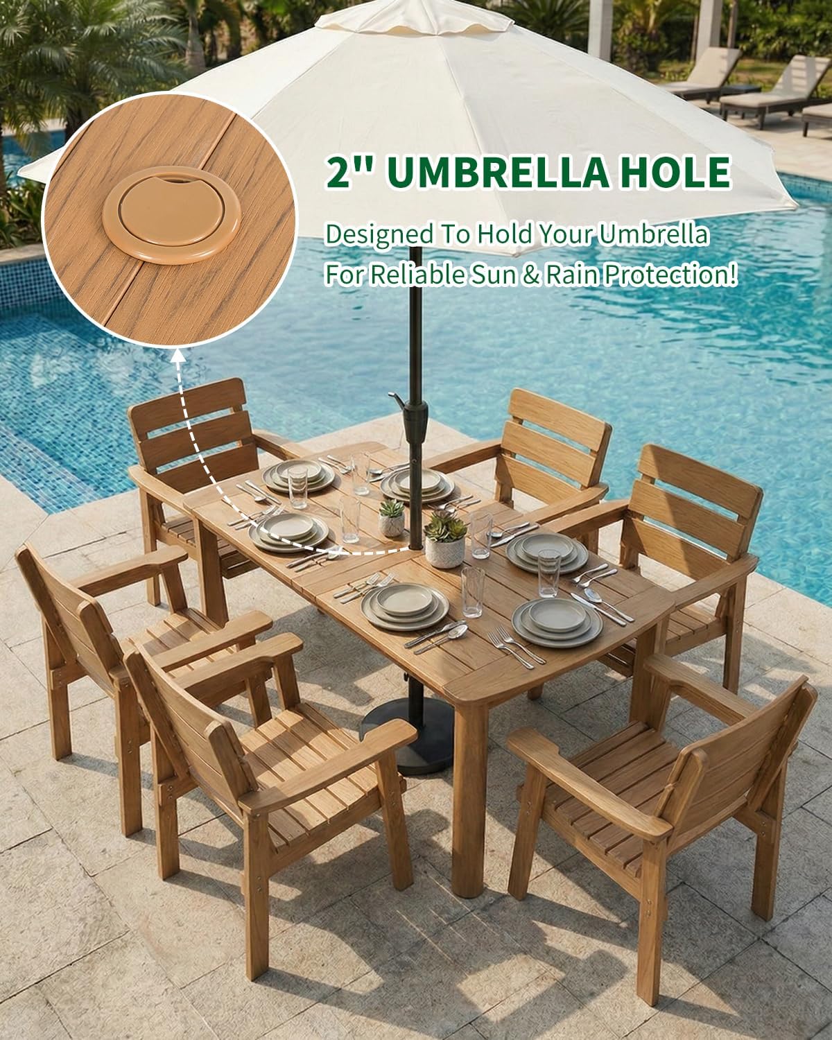 7pc Teak HIPS Dining Set Six Chairs Umbrella Hole