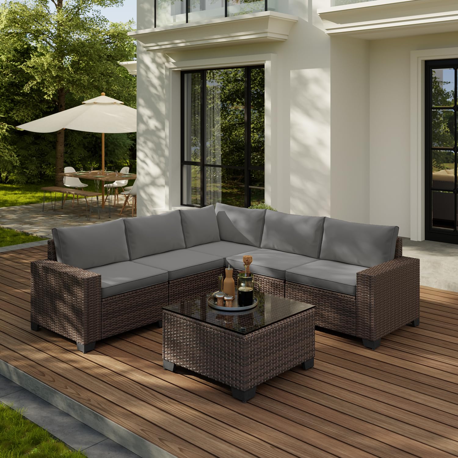 6pc PE Wicker Patio Set Thick Cushions Grey