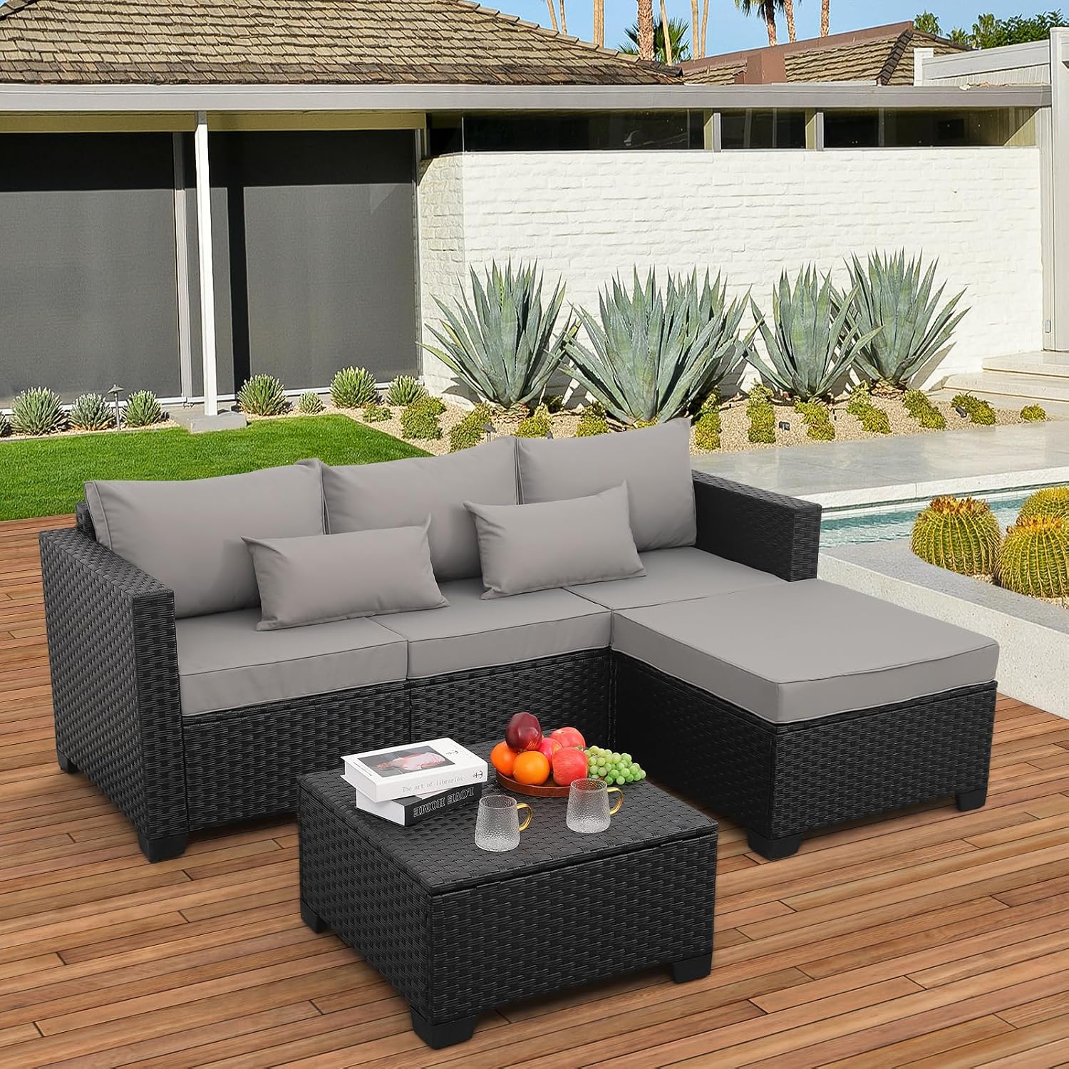 3pc Wicker Set Ottoman Storage Table Light Grey