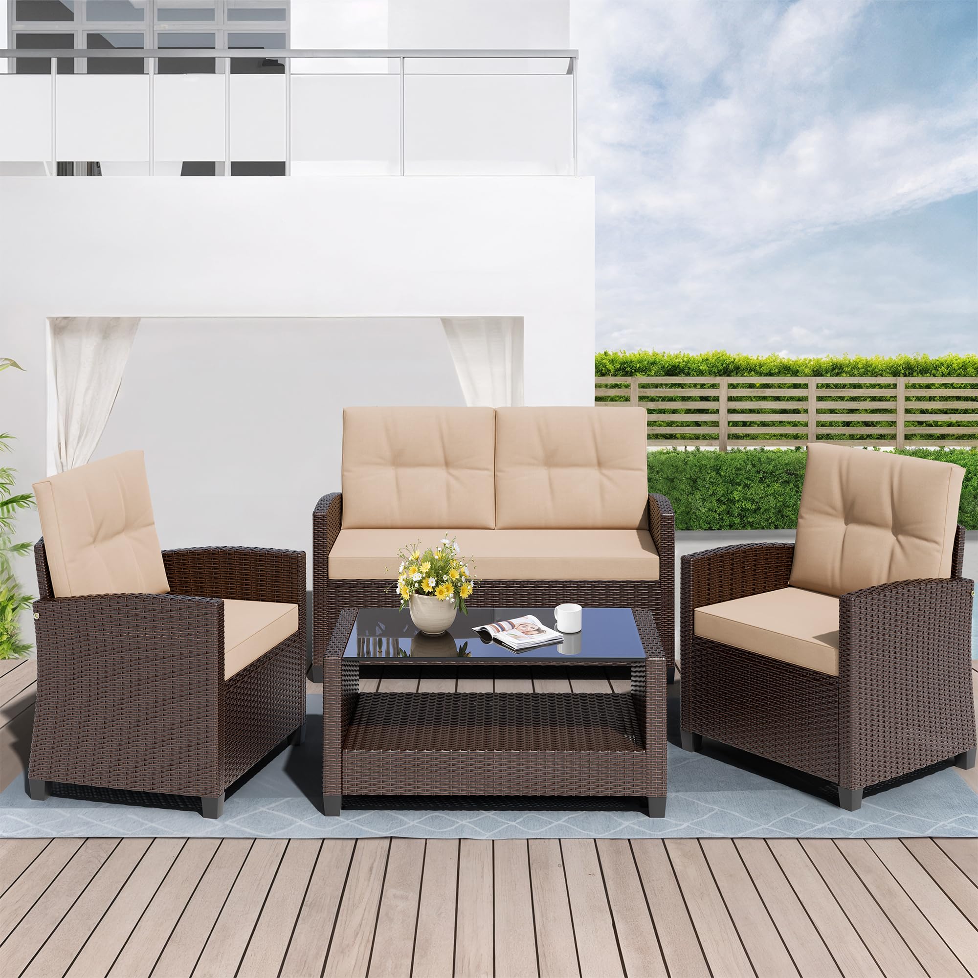 4pc Wicker Sectional Brown Khaki Cushion Table