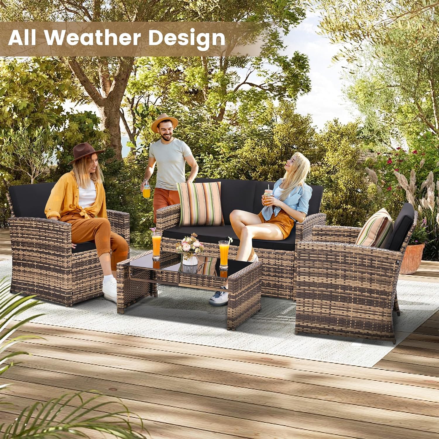 4-Piece Wicker Sectional Set Cushioned Glass Table