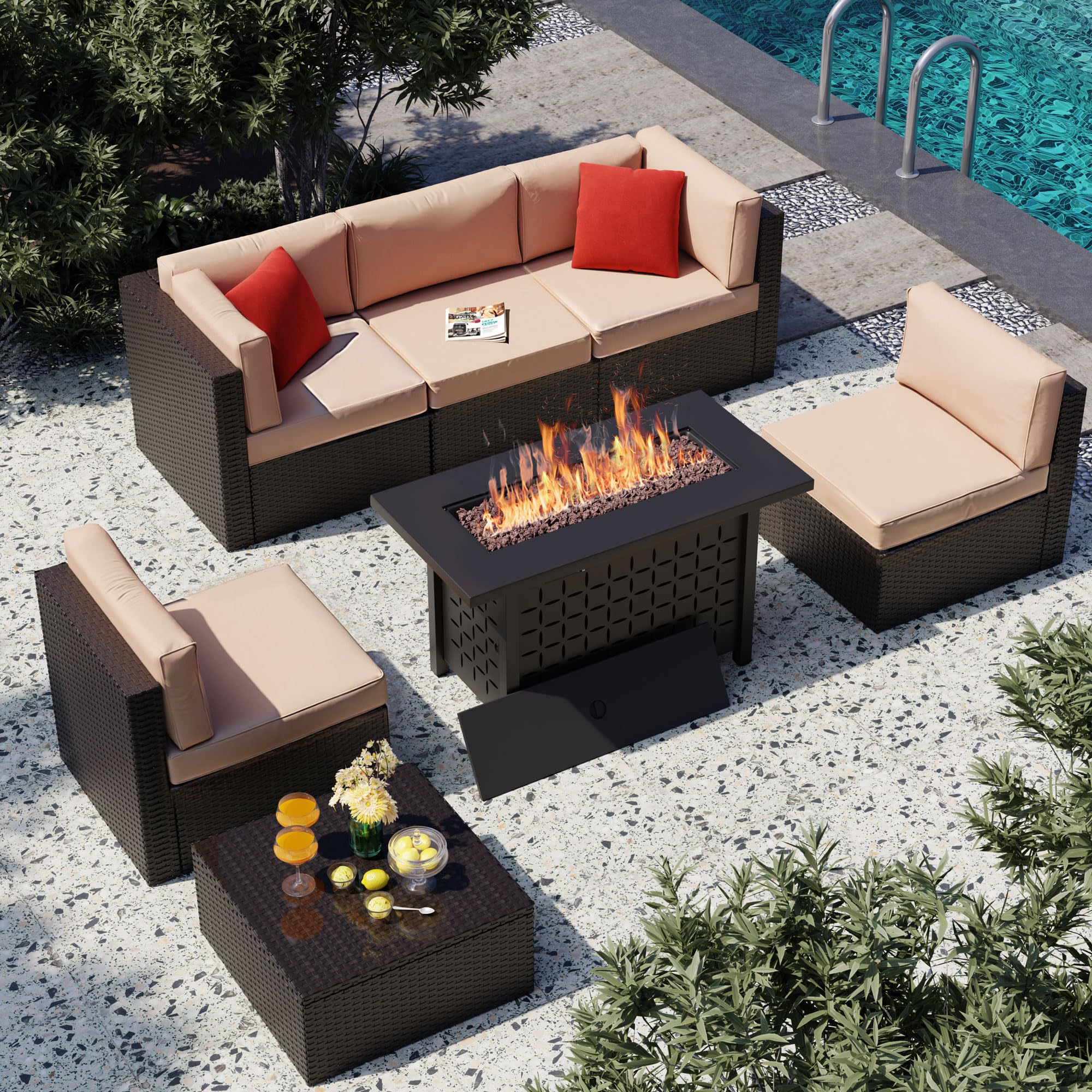 6pc PE Wicker Sectional Beige Coffee Table Patio Set