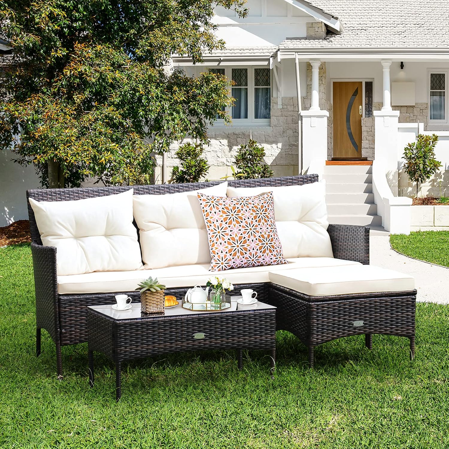 3 Piece PE Rattan Set Cushions Tempered Glass Table