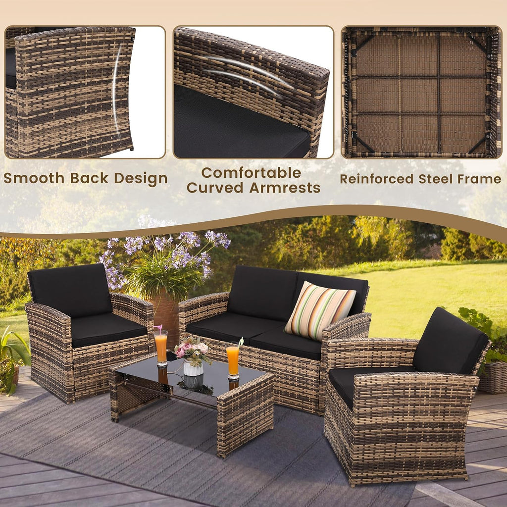 4-Piece Wicker Sectional Set Cushioned Glass Table