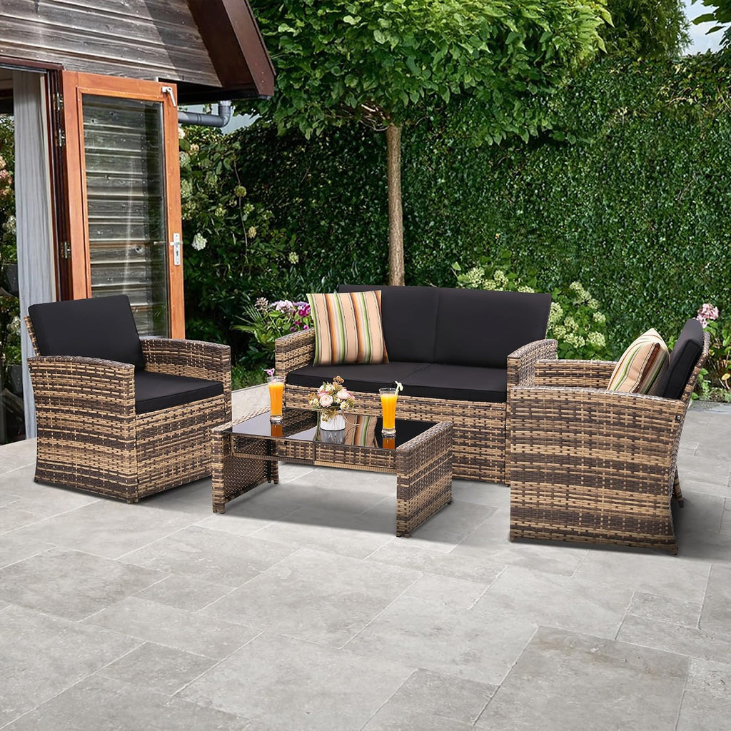 4-Piece Wicker Sectional Set Cushioned Glass Table