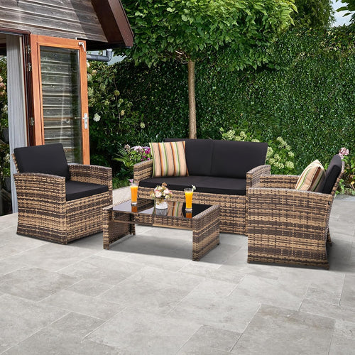 4-Piece Wicker Sectional Set Cushioned Glass Table