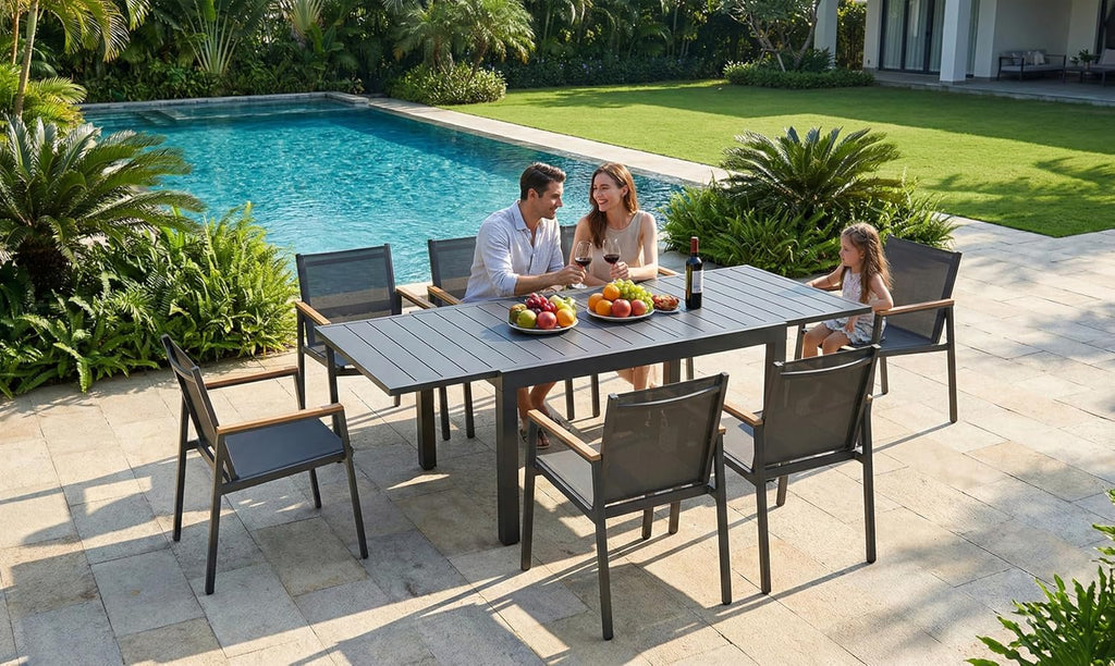 6 Seat Aluminum Expandable Dining Set Gray Textilene