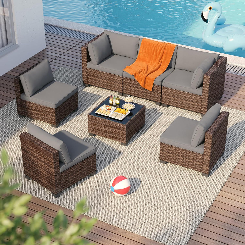 7pc Rattan Sectional Grey Cushion Glass Table Set