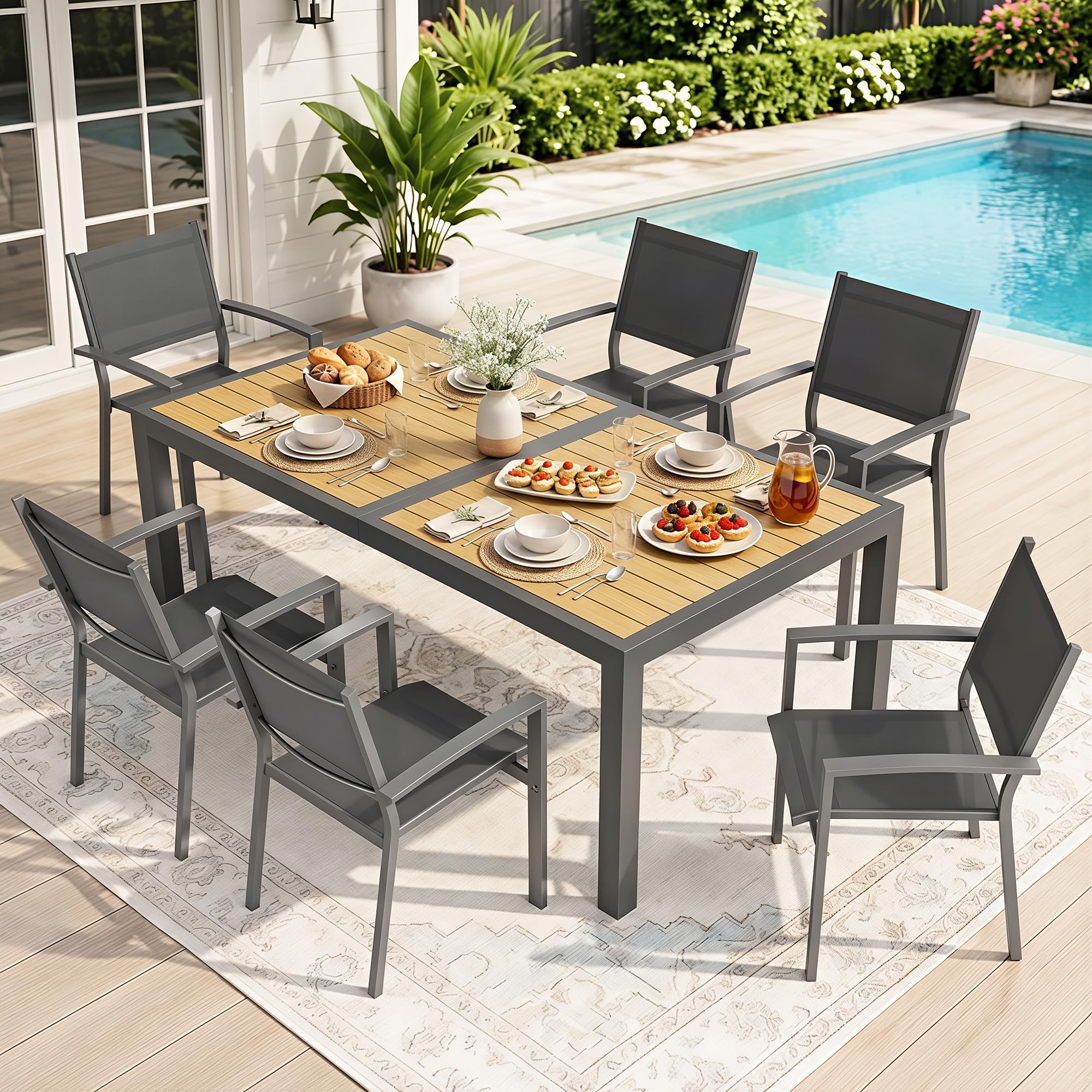 6 Seat Aluminum Table Metal Textilene Dining Set